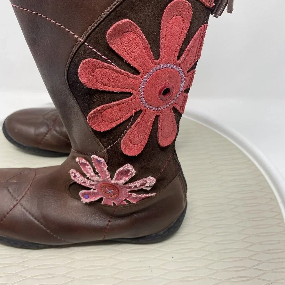 Umi Girls Flower Boots Size 2 Big Kid 34 Brown Leather Suede Zipper Tall Artsy